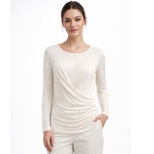 Ann Taylorl Ivory Faux Wrap Ruched Long Sleeve Top Cream S Preppy Academia 55-31
